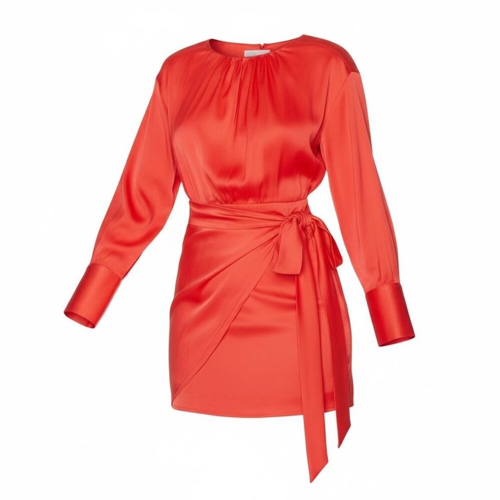 Steve Madden Red Satin Long Sleeve Mini Dress With Tie Waist 2